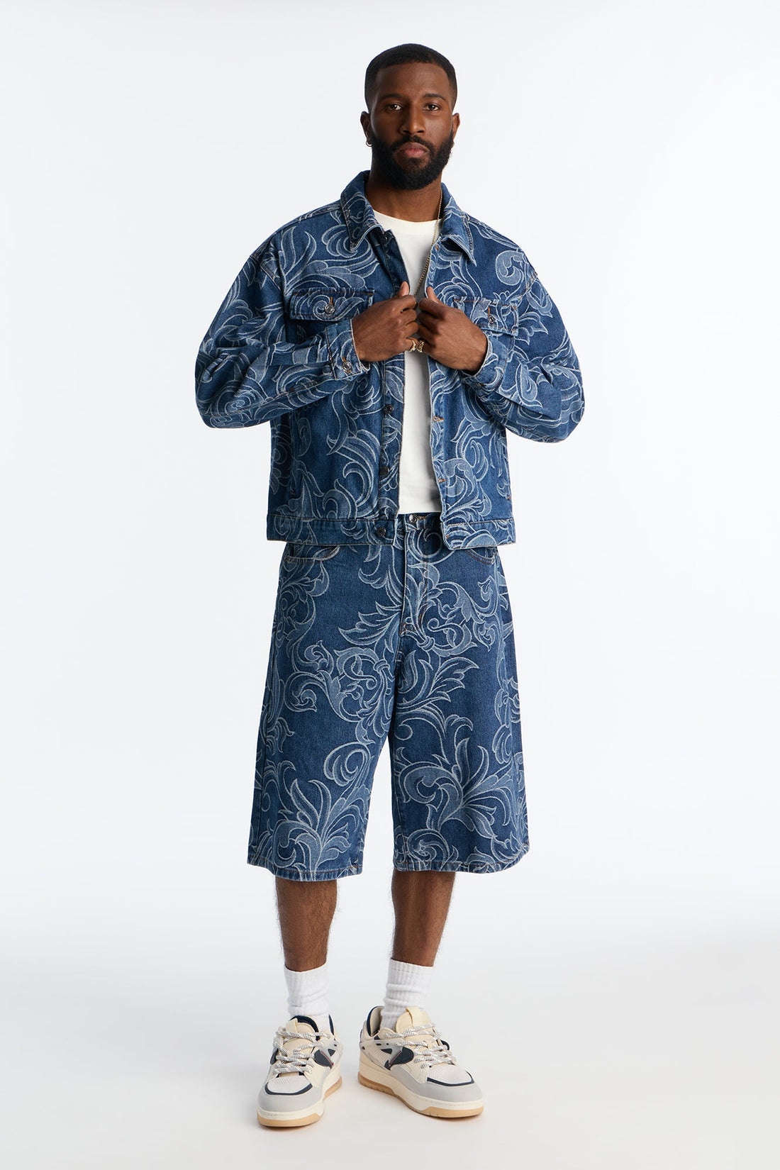 Baggy Baroque Jacquard Denim Shorts - Medium Blue Wash