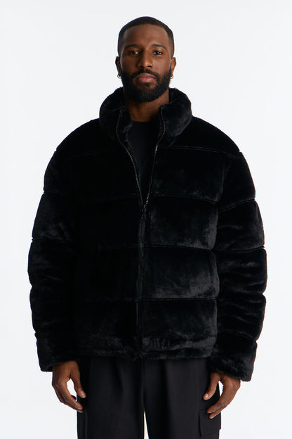 Faux Fur Puffer Jacket - Black