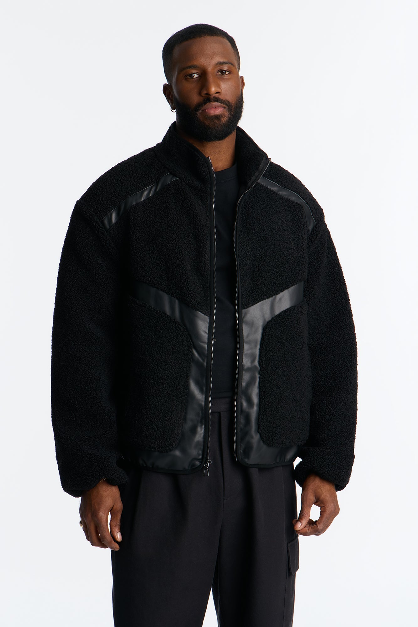 Oversized Sherpa Faux Leather Paneled Jacket - Black