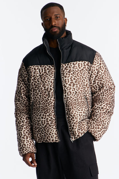 On The Prowl Leopard Print Puffer Jacket - Brown