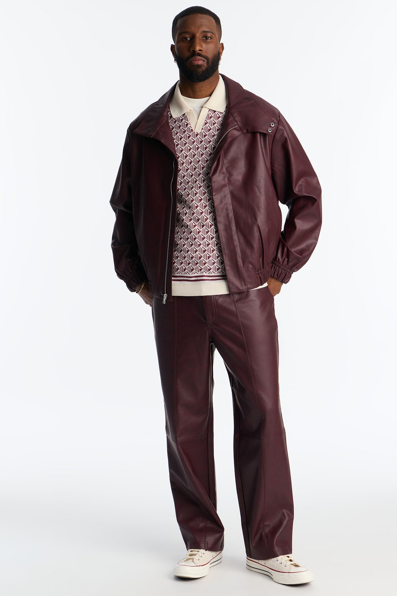 Unlimited Textured Faux Leather Bomber Jacket - Burgundy