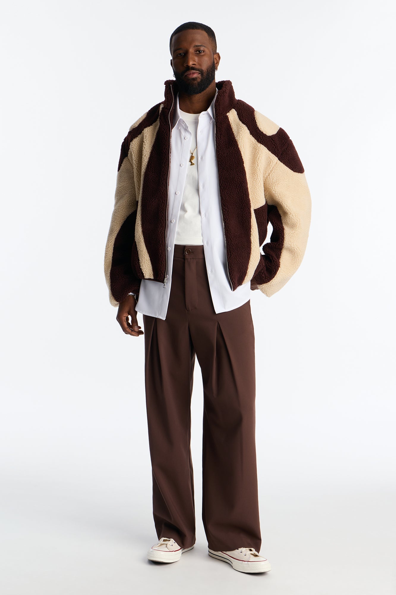 Oversized Sherpa Wave Paneled Zip Jacket - Brown