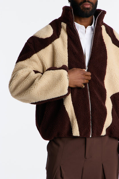 Oversized Sherpa Wave Paneled Zip Jacket - Brown