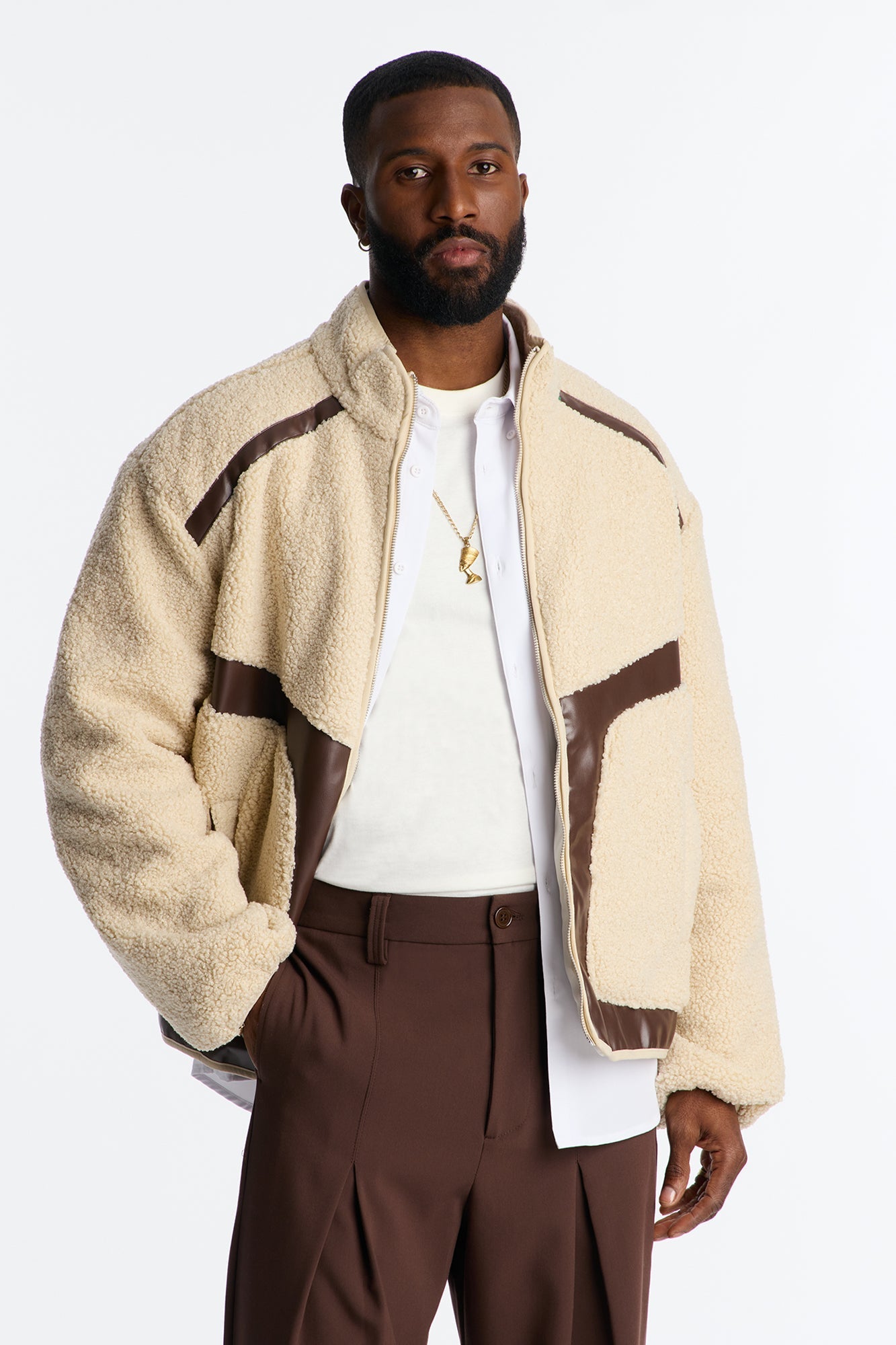 Oversized Sherpa Faux Leather Paneled Jacket - Cream