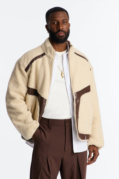 Oversized Sherpa Faux Leather Paneled Jacket - Cream
