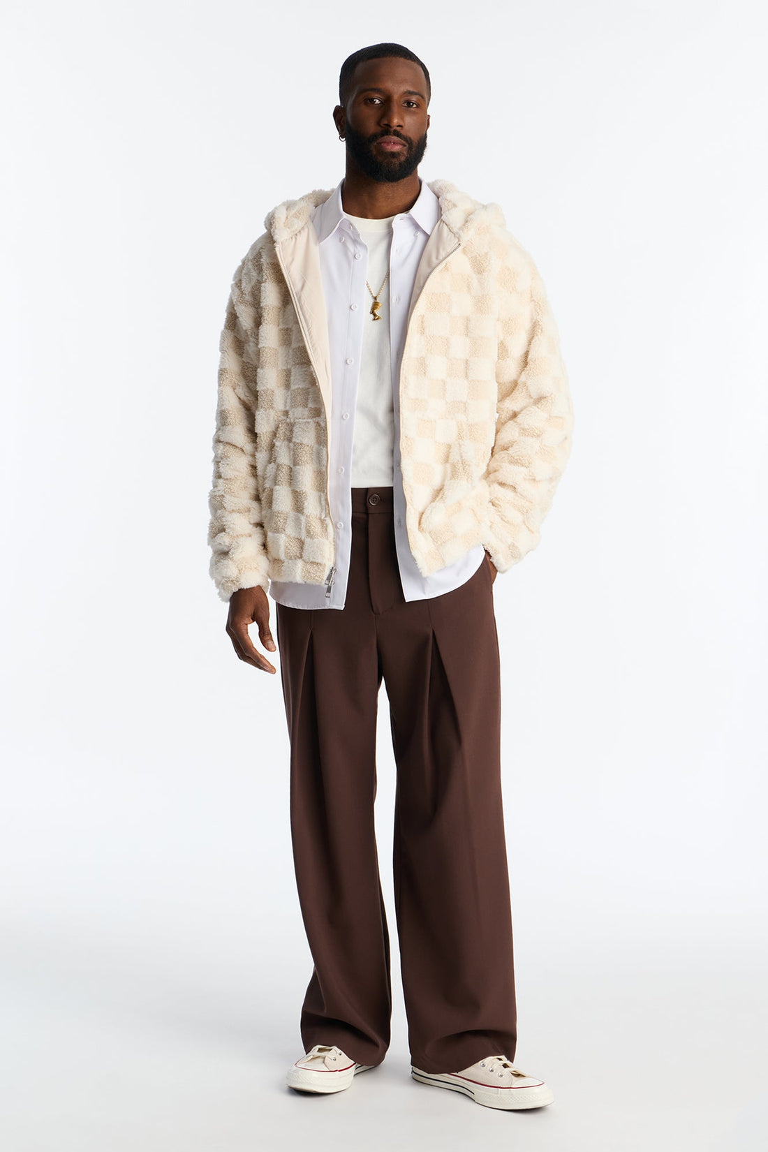 Relaxed Hooded Zip Checkered Faux Fur Jacket - Cream