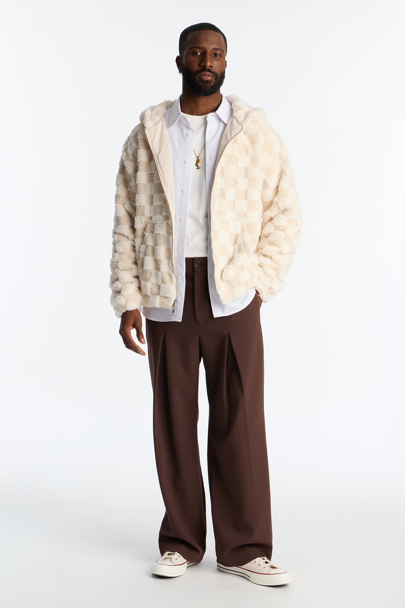 Relaxed Hooded Zip Checkered Faux Fur Jacket - Cream
