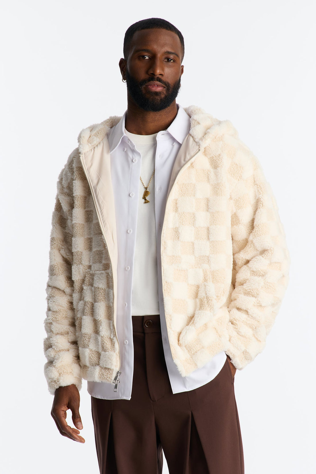 Relaxed Hooded Zip Checkered Faux Fur Jacket - Cream