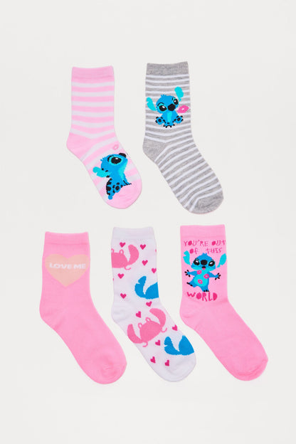 Mini Stitch 5 Pack Crew Socks - Pink