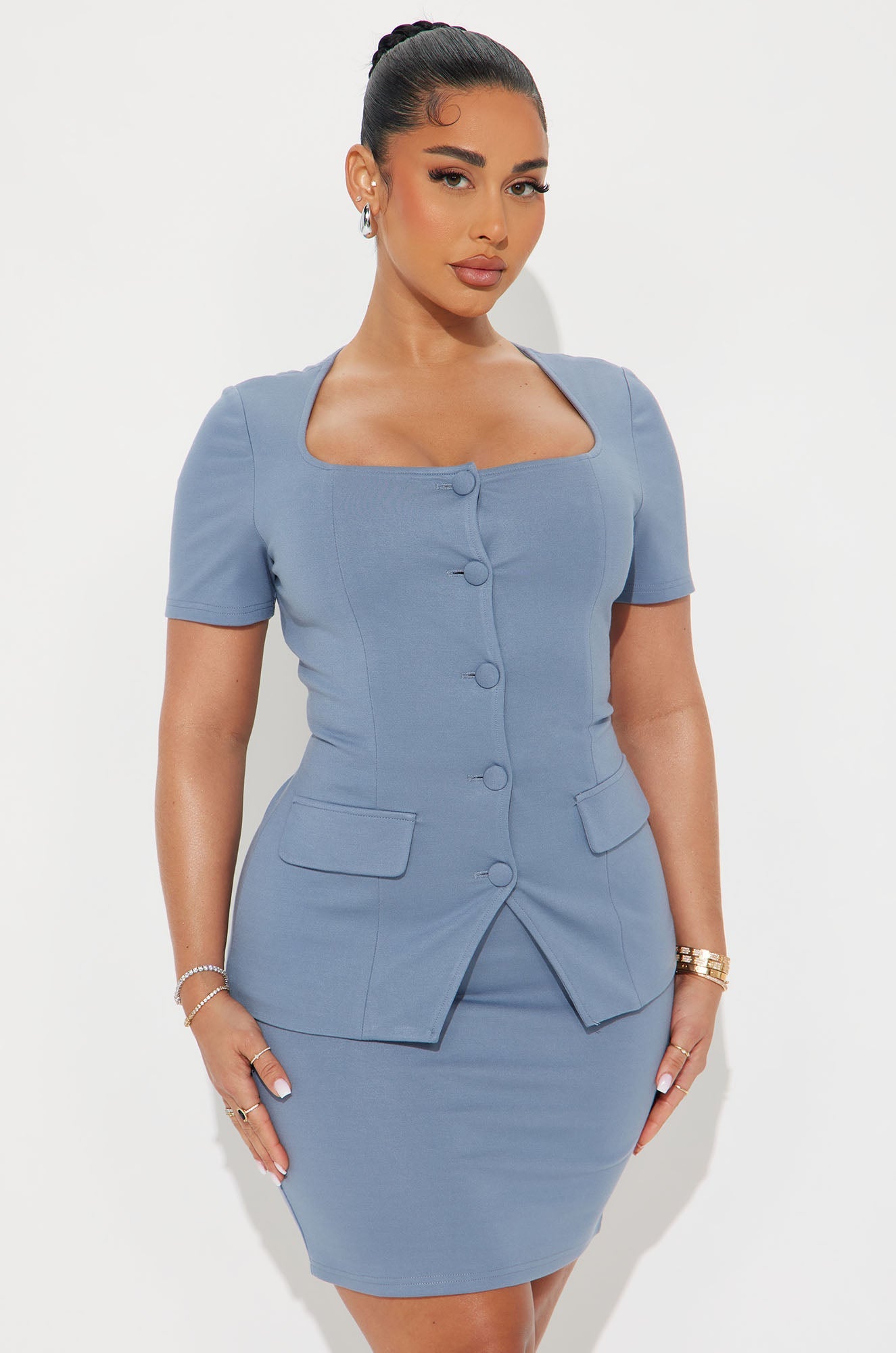 The Mia Double Lined Ponte Button Front Skirt Set - Dusty Blue