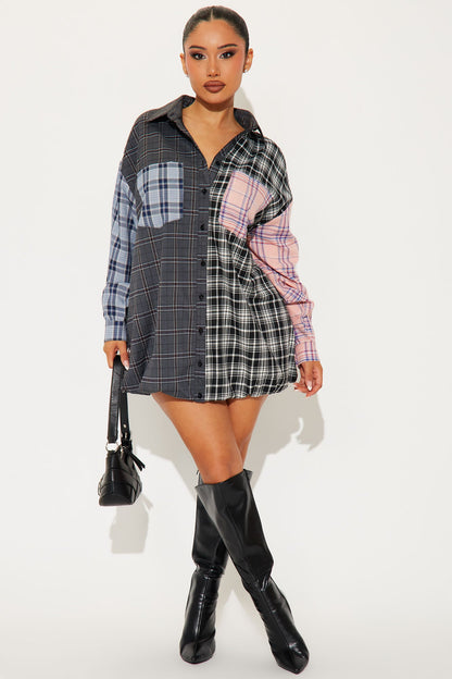 Lennox Plaid Bubble Micro Mini Dress - Grey/combo
