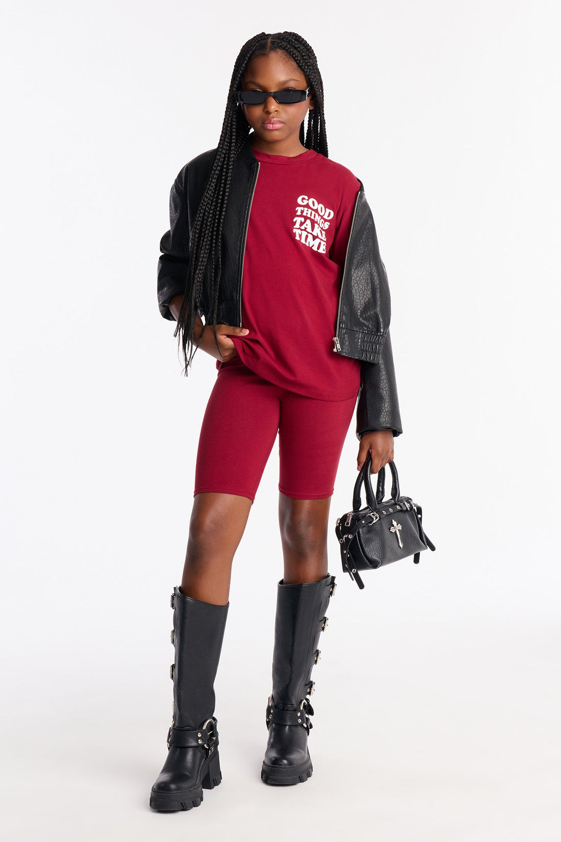 Mini Good Things Take Time Biker Short Set - Burgundy