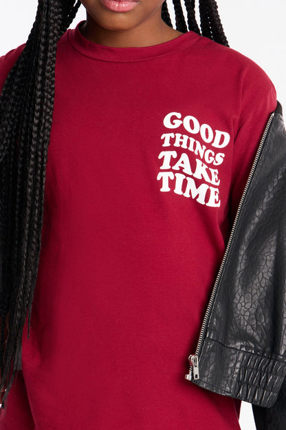 Mini Good Things Take Time Biker Short Set - Burgundy