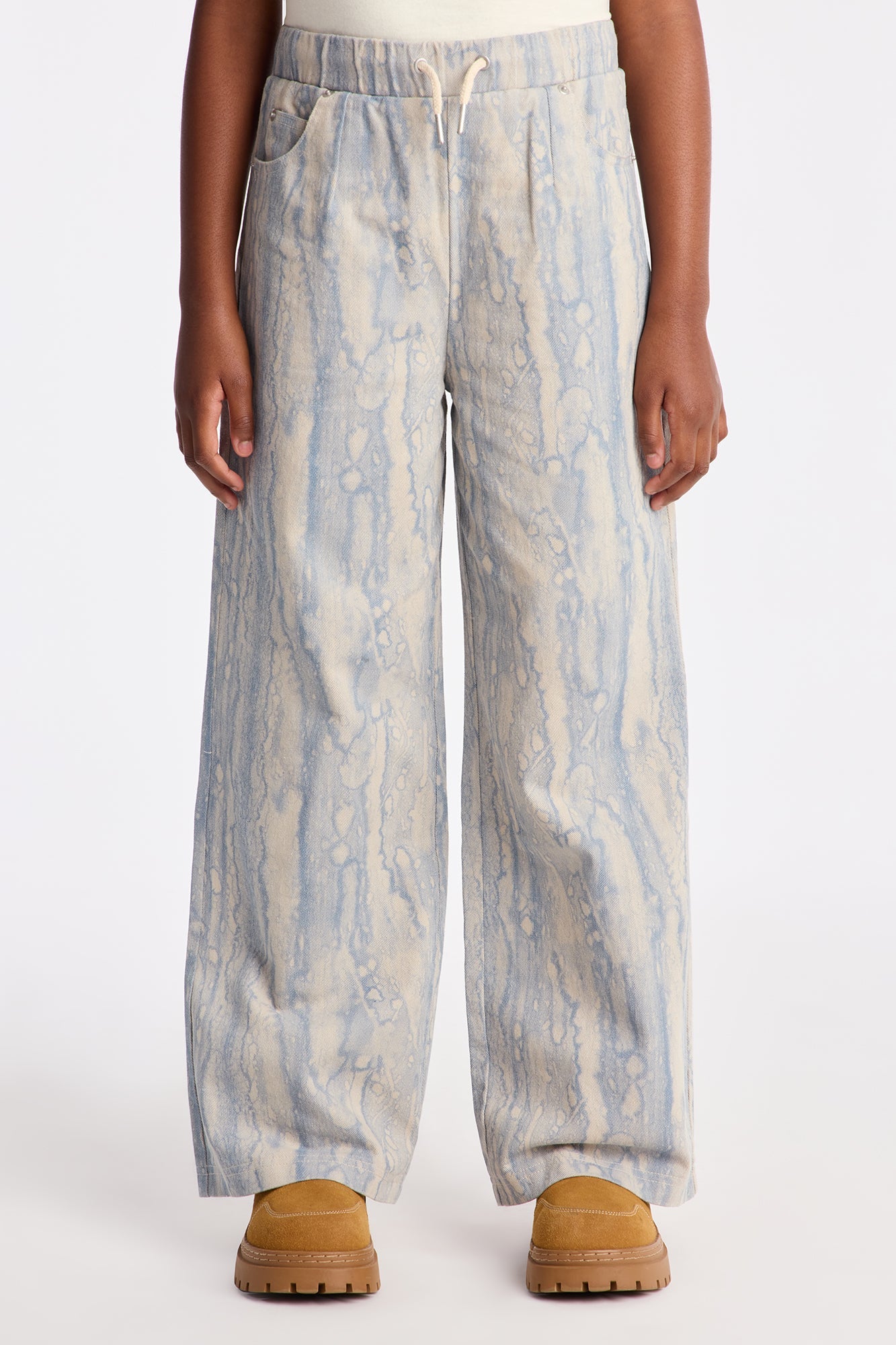 Mini Watermark Pull On Printed Wide Leg Jeans - Blue Wash