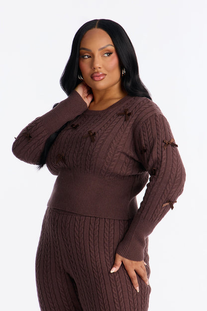 Bethany Bow Sweater Pant Set - Chocolate
