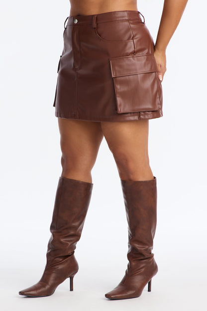 Unmatched Faux Leather Cargo Skirt - Chocolate