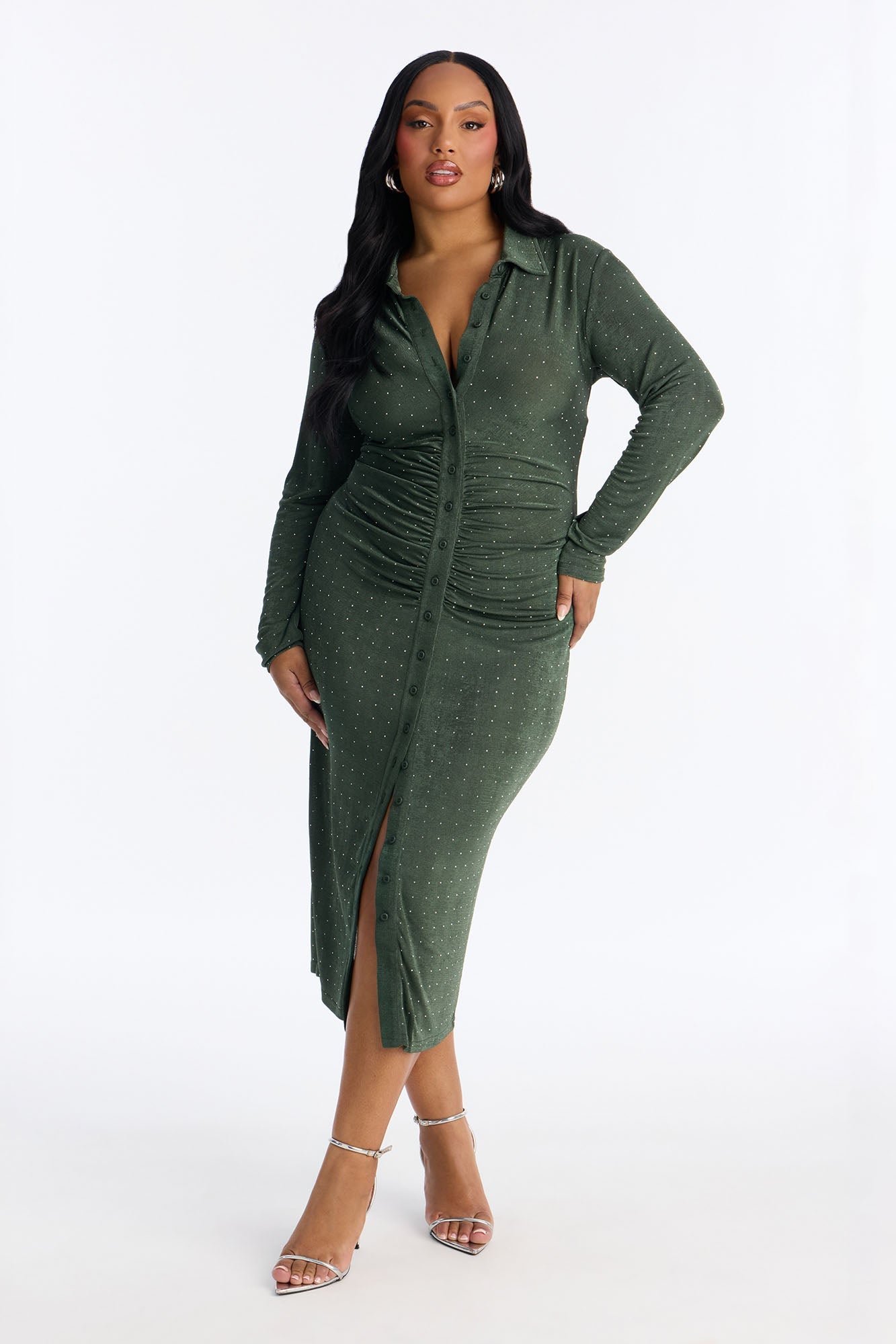Katie Rhinestone Slinky Midi Dress - Hunter