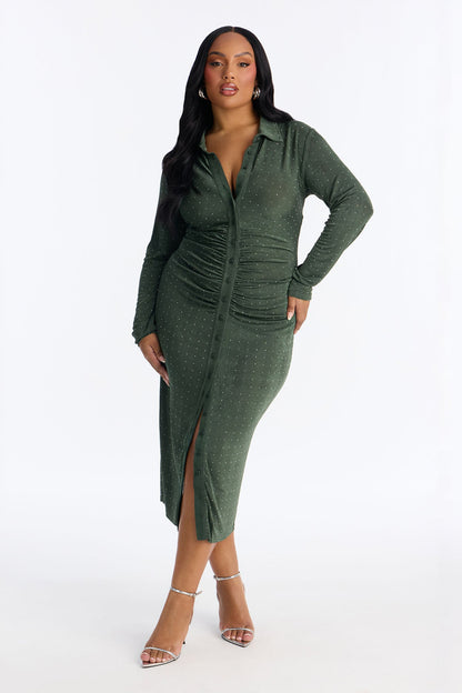 Katie Rhinestone Slinky Midi Dress - Hunter