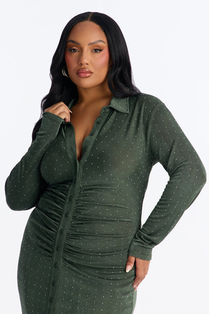 Katie Rhinestone Slinky Midi Dress - Hunter