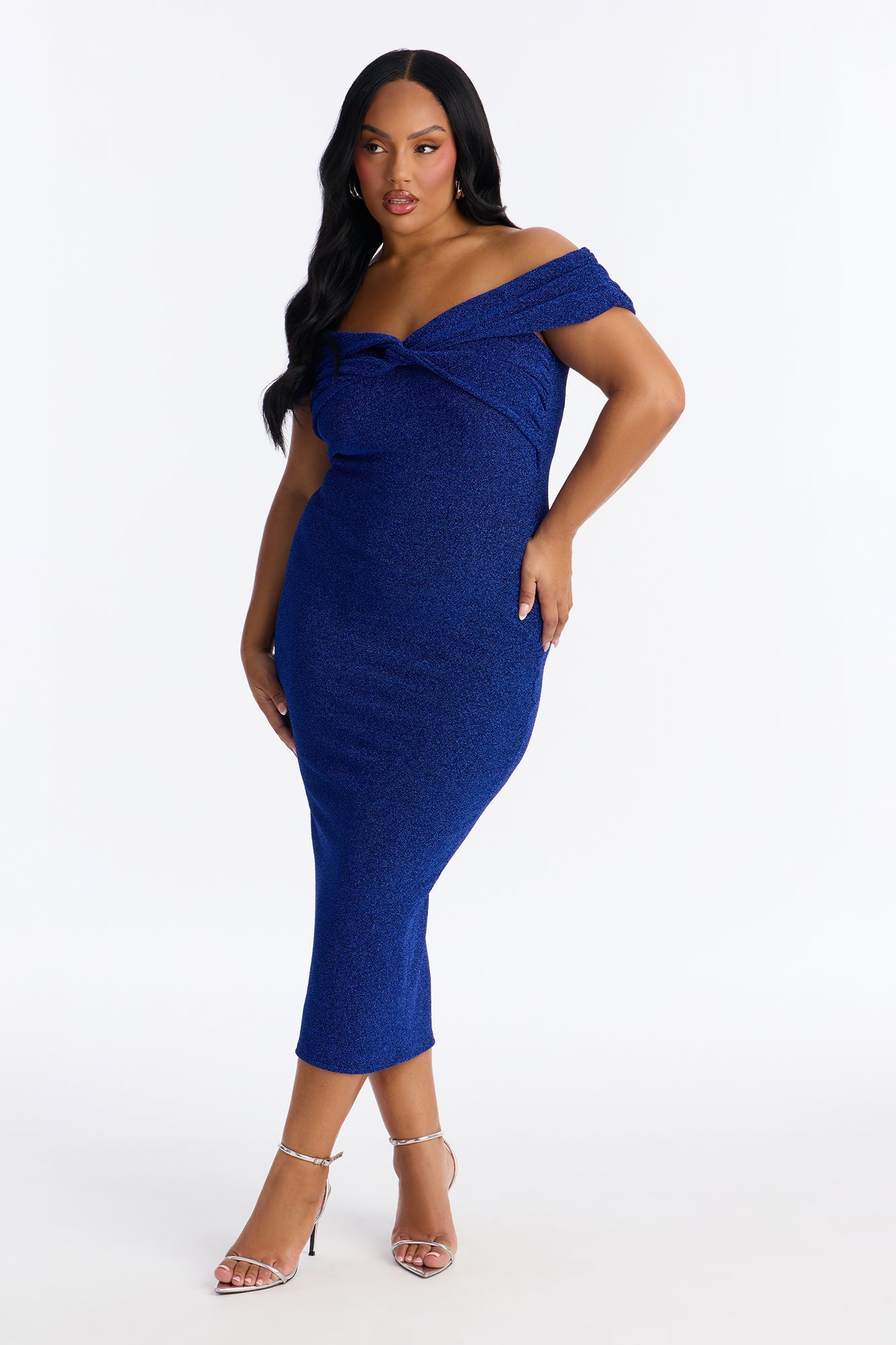Oriana Off Shoulder Metallic Midi Dress - Royal