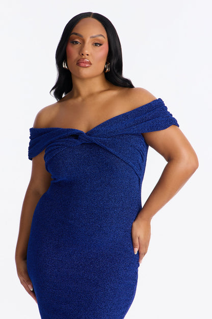 Oriana Off Shoulder Metallic Midi Dress - Royal