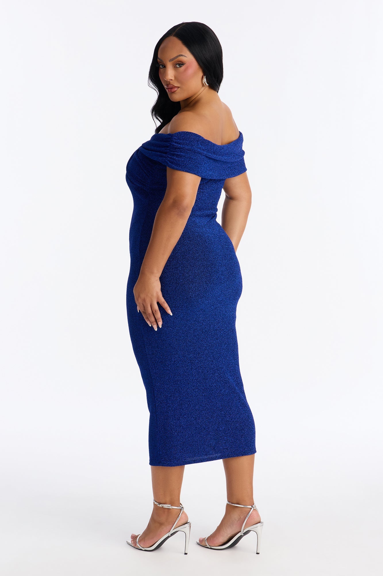 Oriana Off Shoulder Metallic Midi Dress - Royal