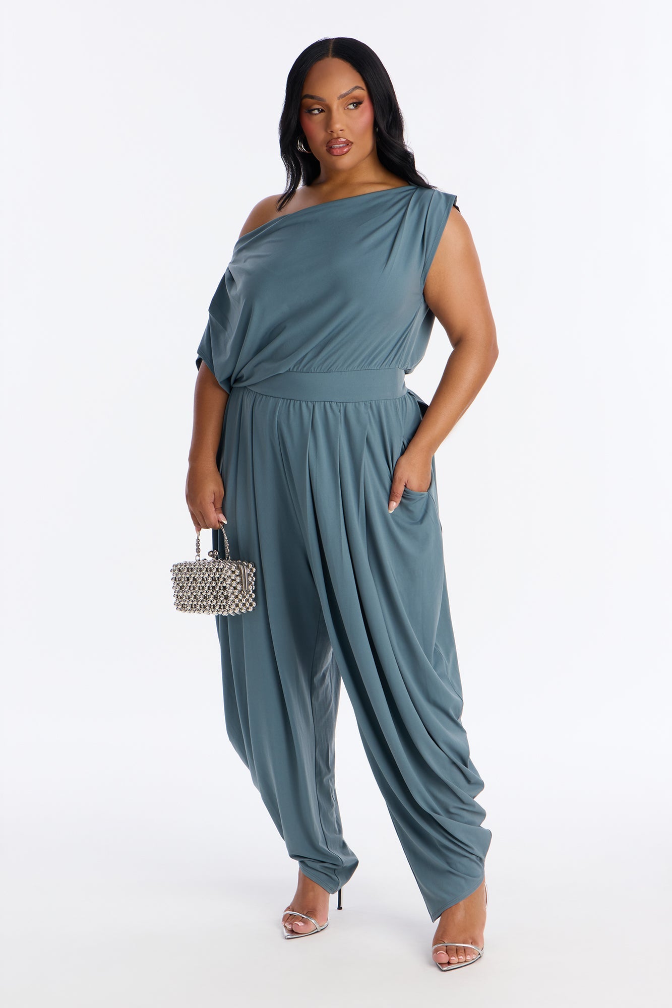 Belina Balloon Leg Off Shoulder Jumpsuit - Slate Blue