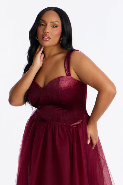 Constanza Velvet Tulle Midi Dress - Wine