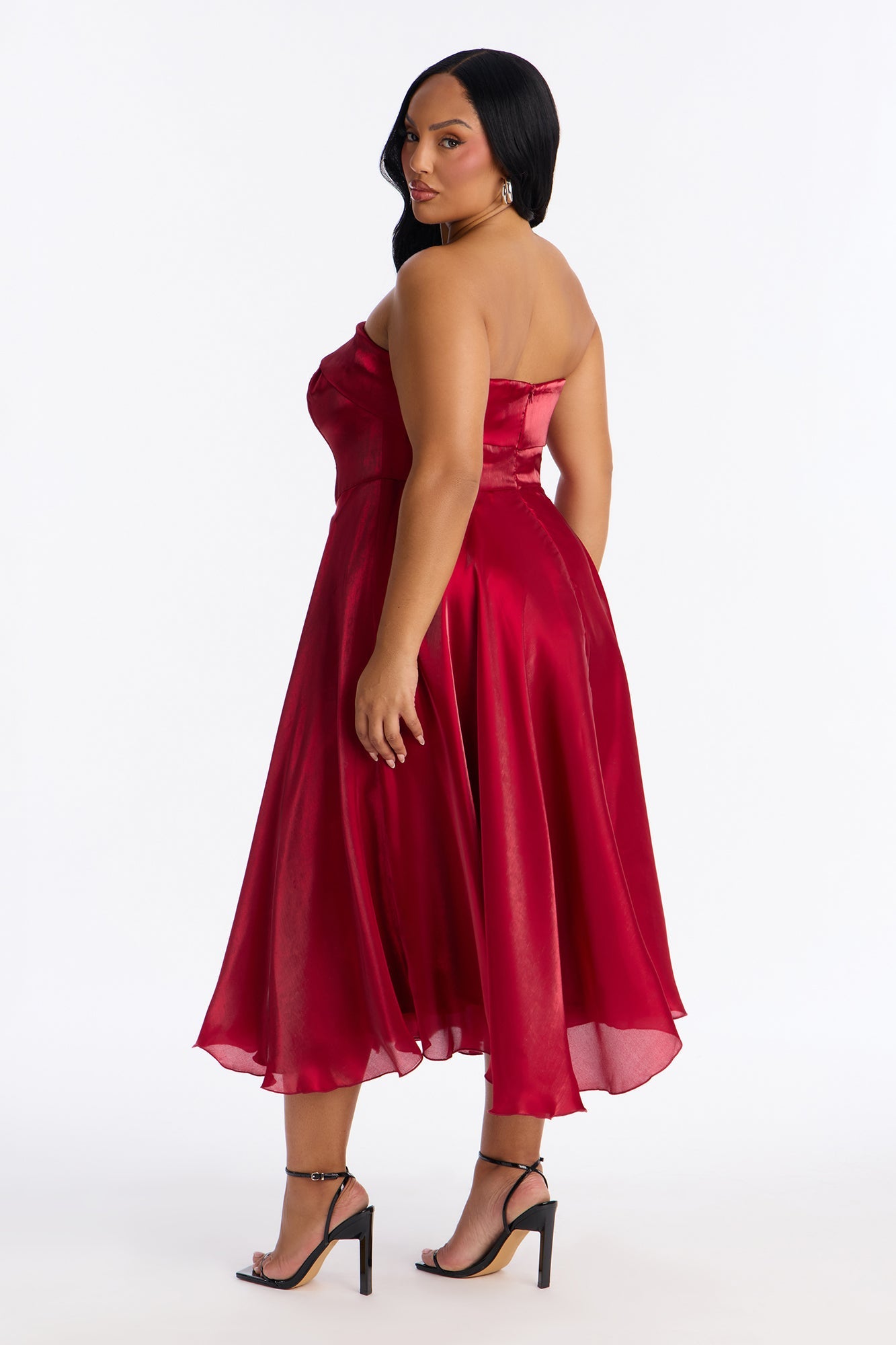 Natasha Strapless Organza Midi Dress - Wine