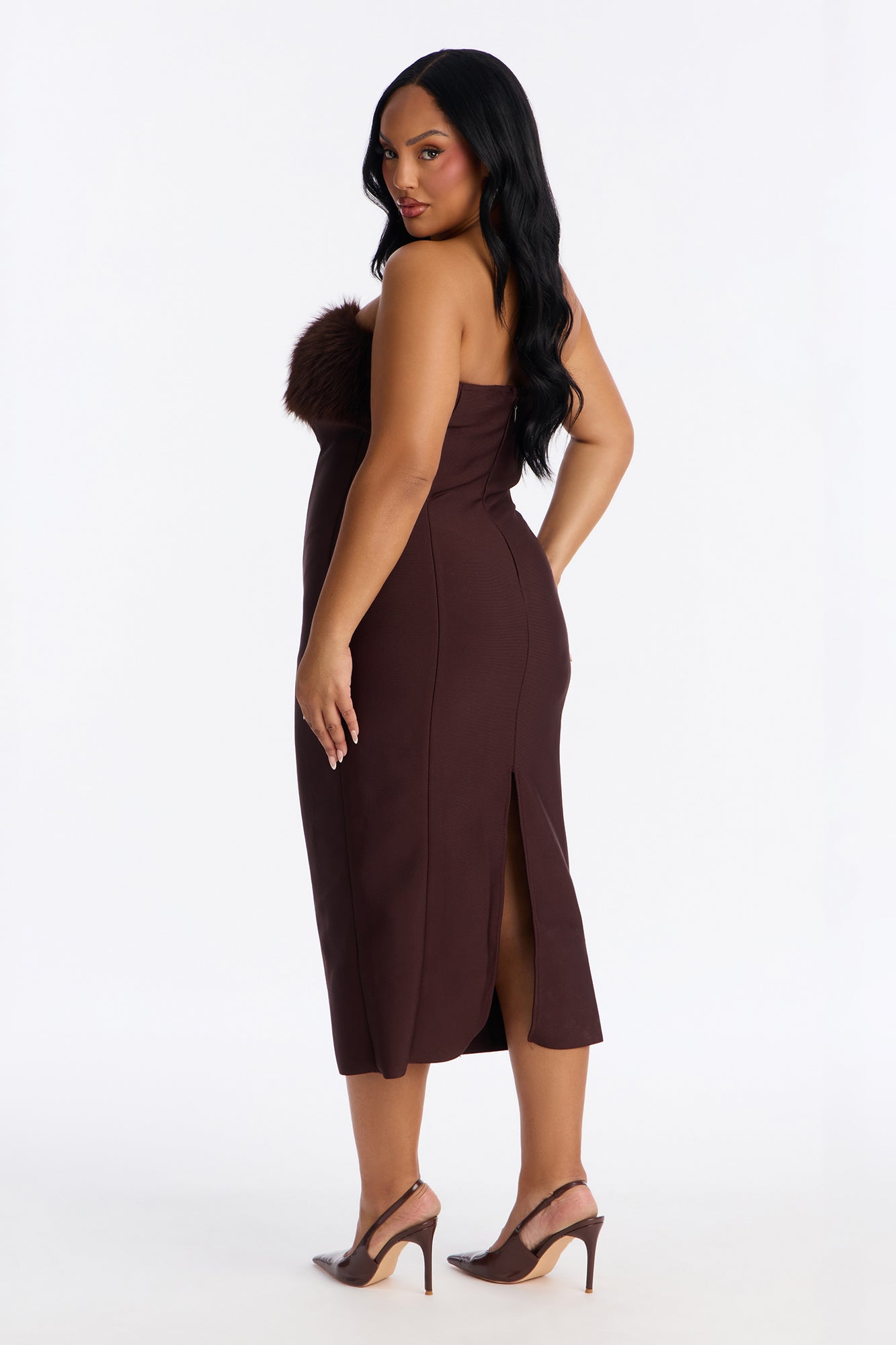 Malika Fur Trim Bandage Midi Dress - Chocolate