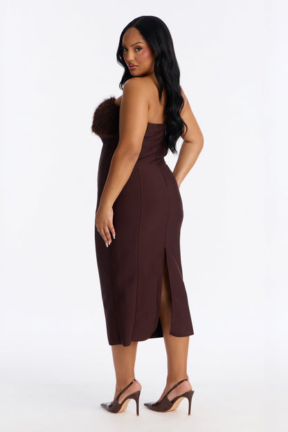 Malika Fur Trim Bandage Midi Dress - Chocolate