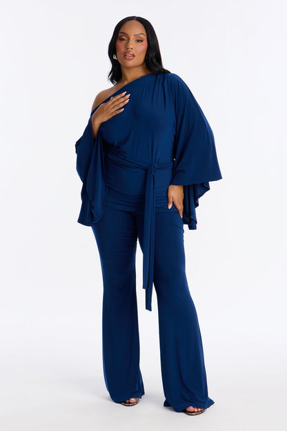 Tara Off Shoulder Flare Pant Set - Navy