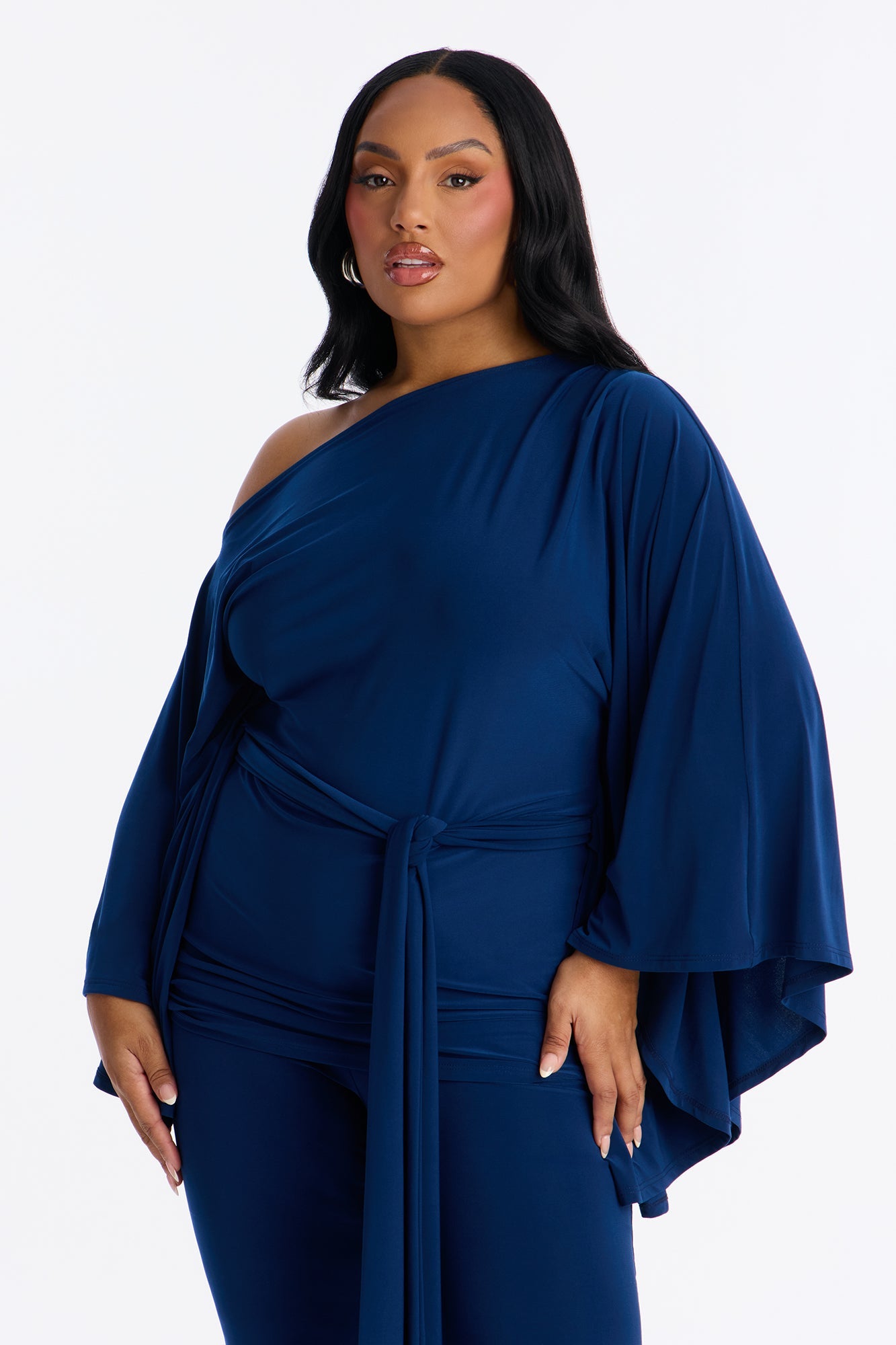 Tara Off Shoulder Flare Pant Set - Navy