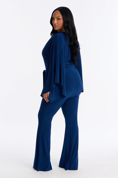 Tara Off Shoulder Flare Pant Set - Navy
