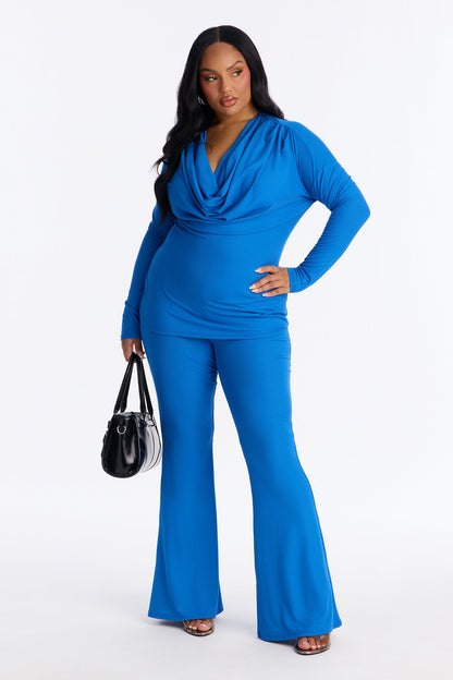 Karol Ribbed Cowl Neck Pant Set - Blue