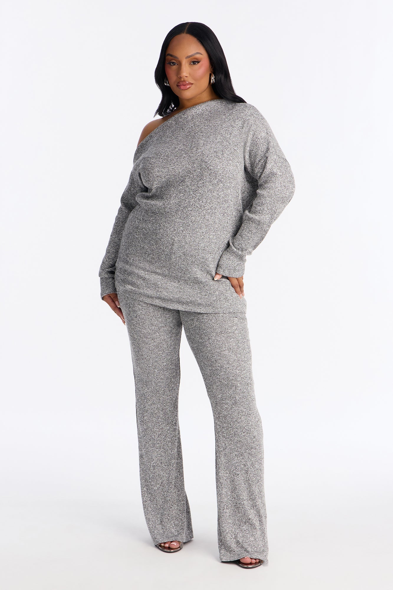 Tia Off Shoulder Flare Pant Set - Grey