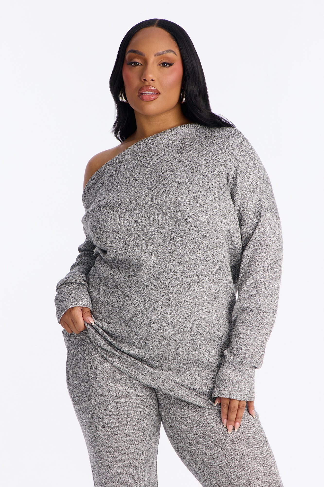 Tia Off Shoulder Flare Pant Set - Grey