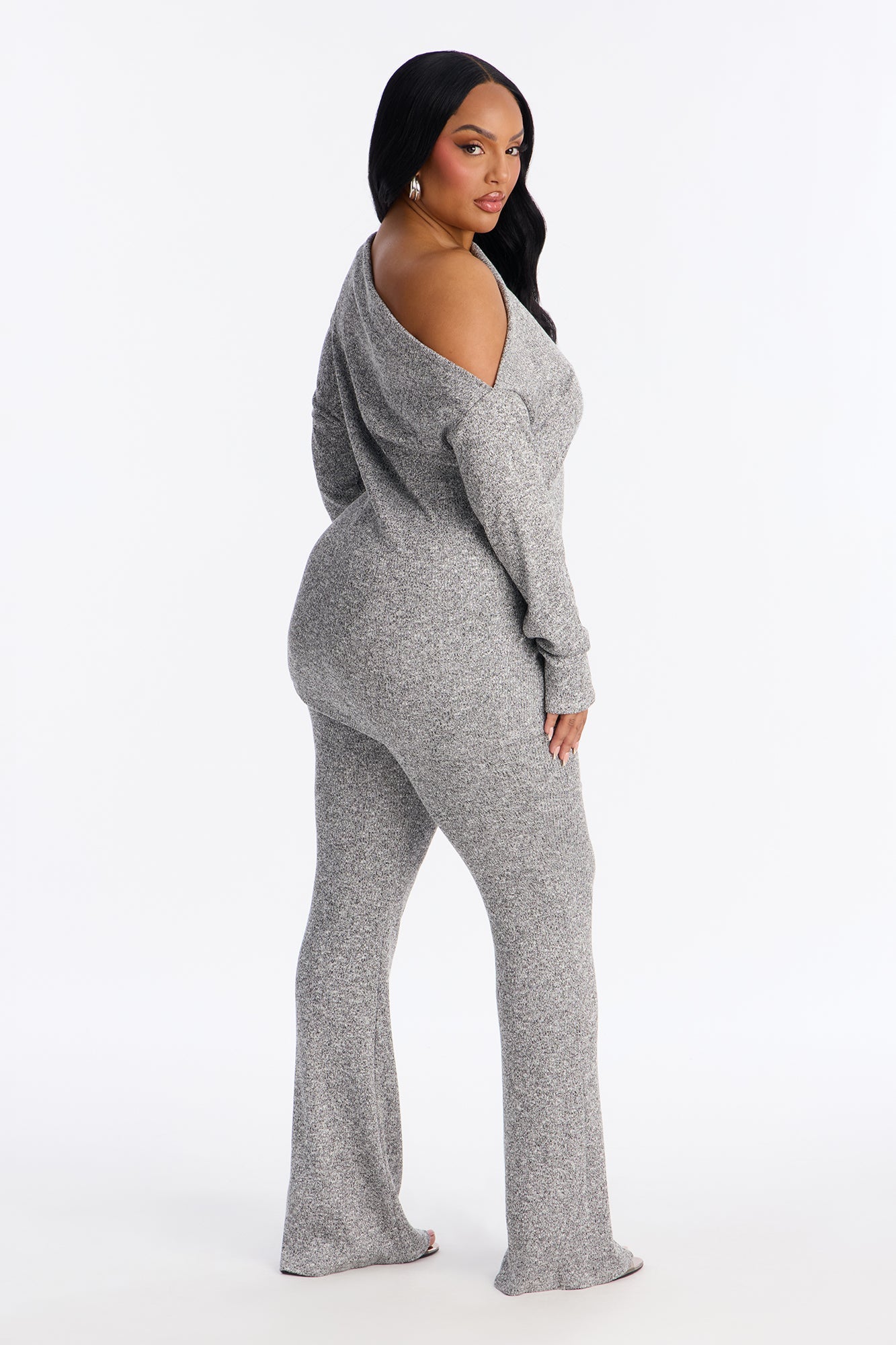 Tia Off Shoulder Flare Pant Set - Grey