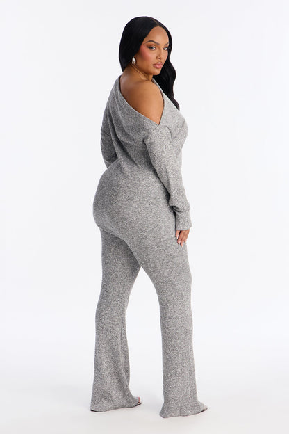Tia Off Shoulder Flare Pant Set - Grey