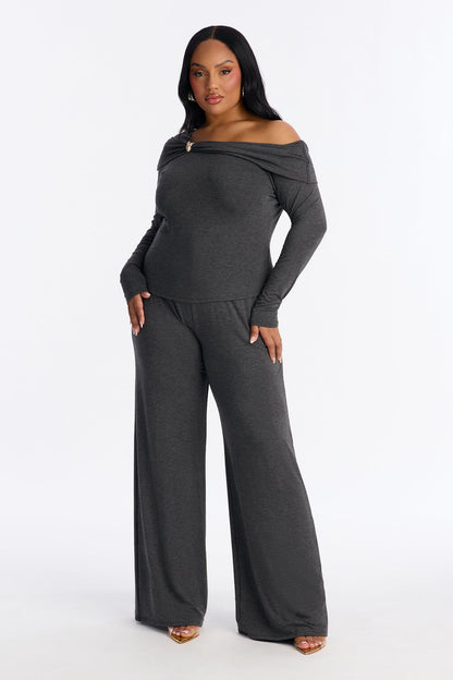 Valerie Off Shoulder Wide Leg Pant Set - Charcoal