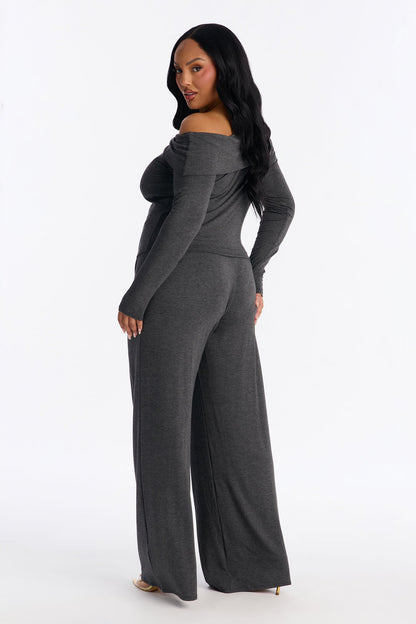 Valerie Off Shoulder Wide Leg Pant Set - Charcoal