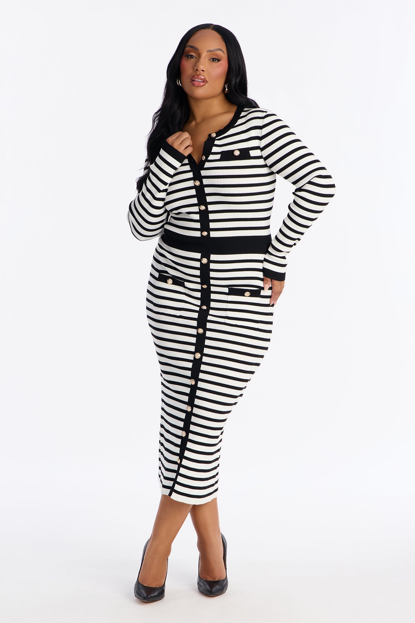Zaylee Striped Ribbed Midi Dress - Black/White