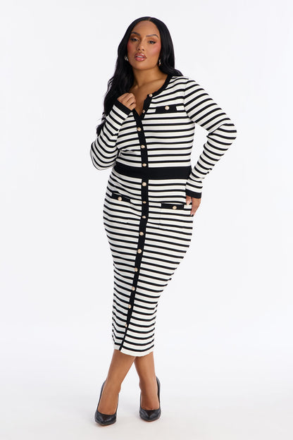 Zaylee Striped Ribbed Midi Dress - Black/White