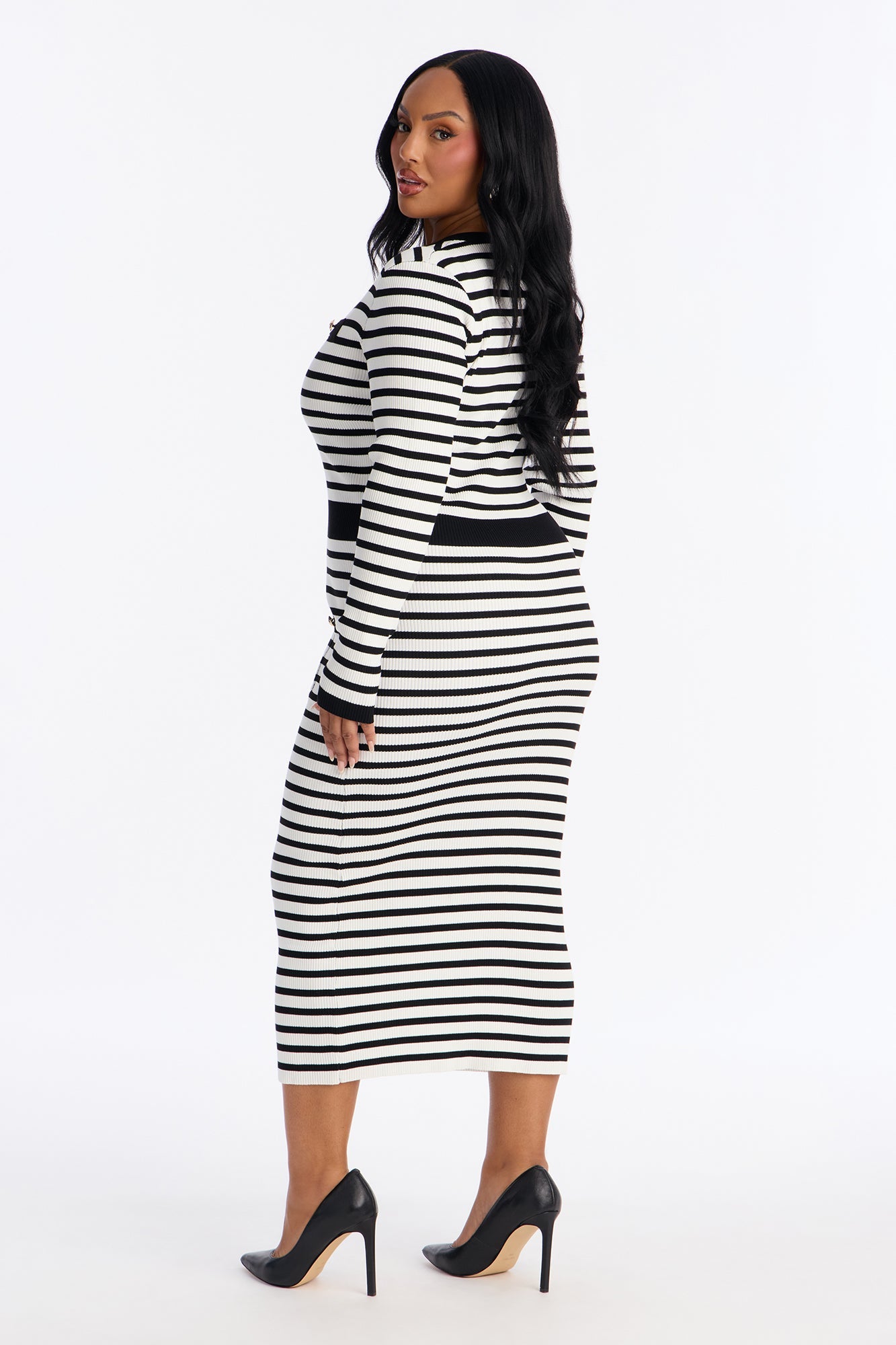 Zaylee Striped Ribbed Midi Dress - Black/White