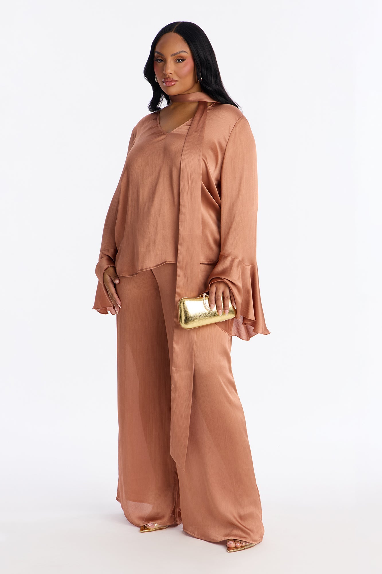 Lianna Long Sleeve Scarf Wide Leg Pant Set - Peach