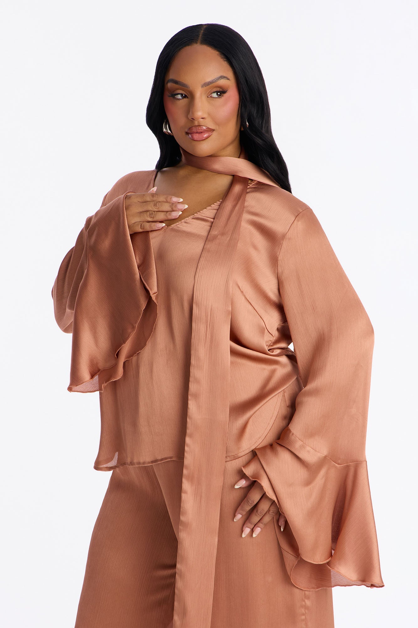 Lianna Long Sleeve Scarf Wide Leg Pant Set - Peach