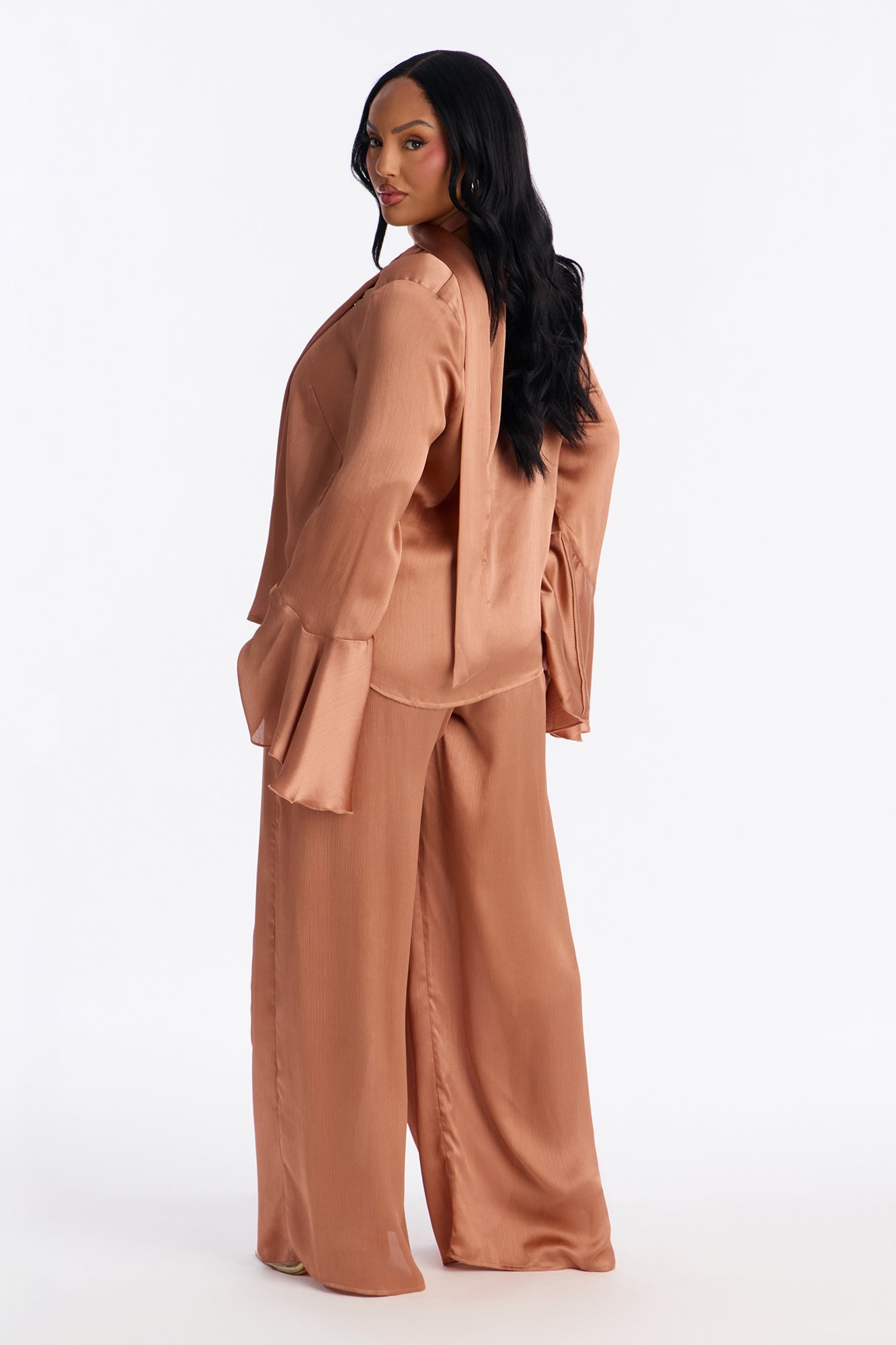 Lianna Long Sleeve Scarf Wide Leg Pant Set - Peach