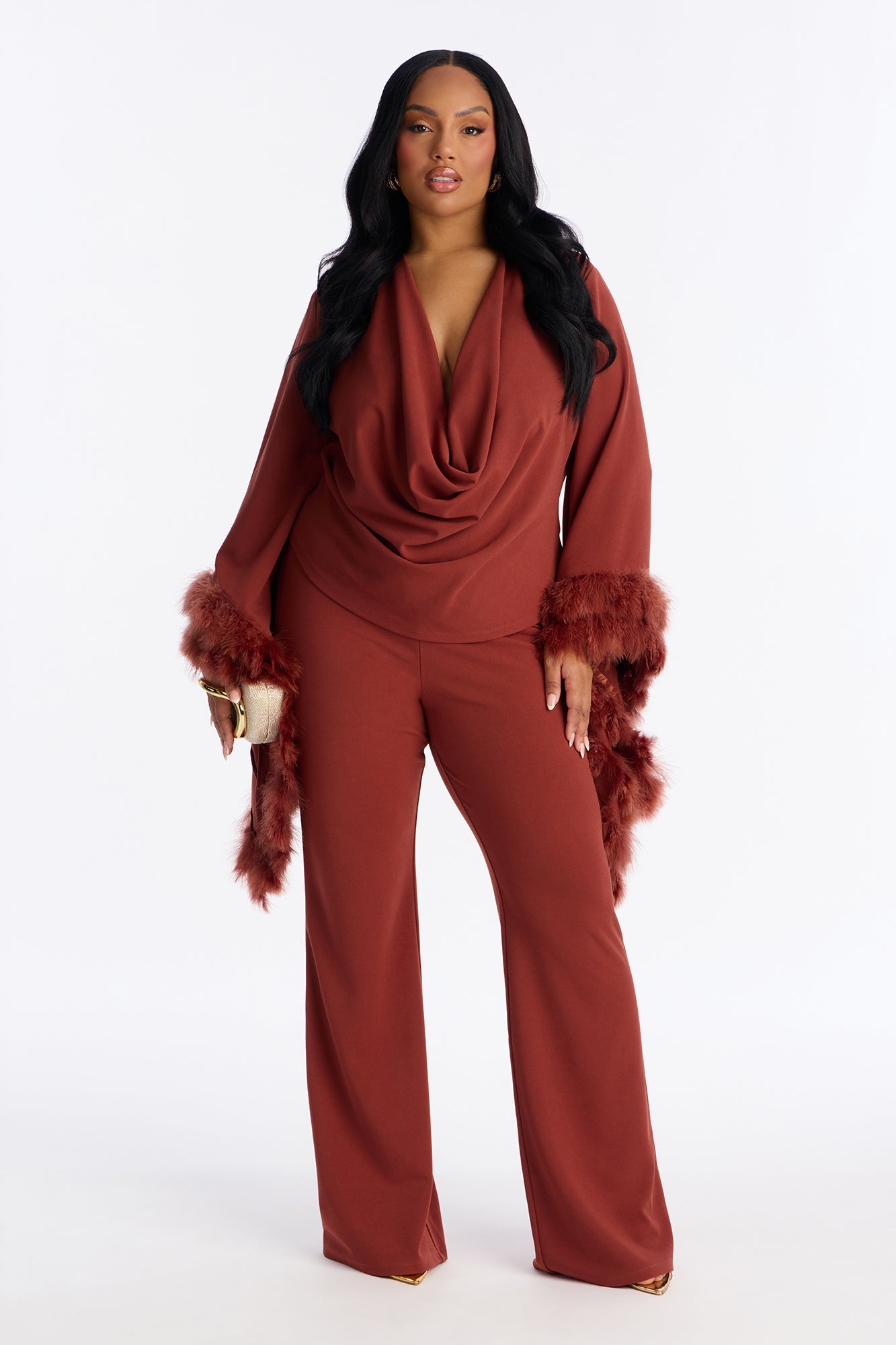 High Maintenance Drama Sleeve Feathered Pant Set - Marsala