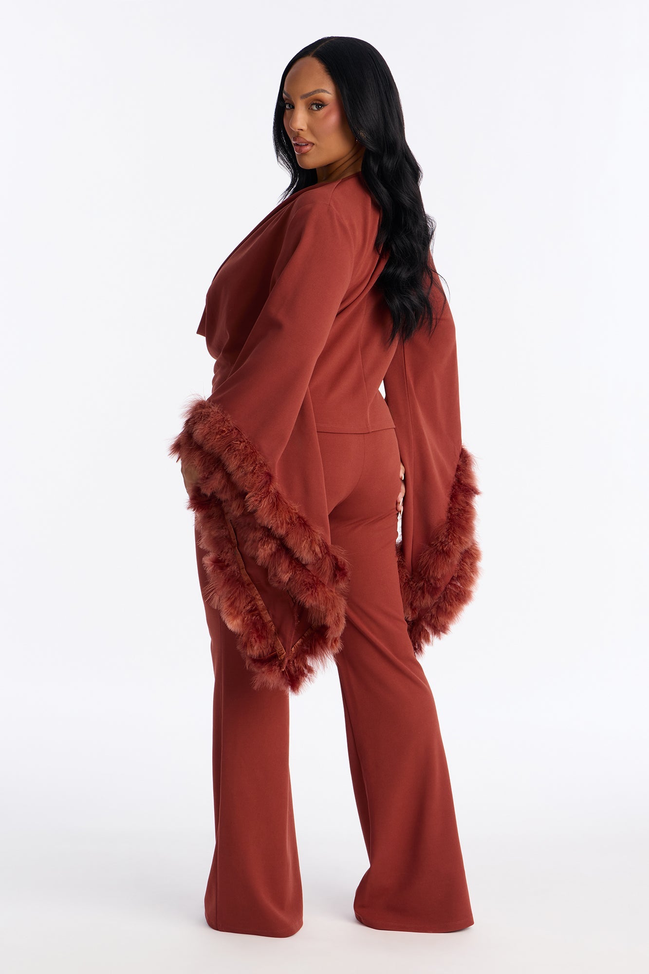 High Maintenance Drama Sleeve Feathered Pant Set - Marsala