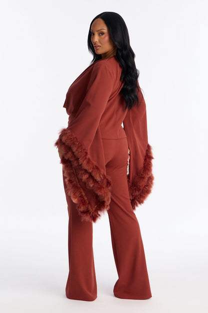 High Maintenance Drama Sleeve Feathered Pant Set - Marsala